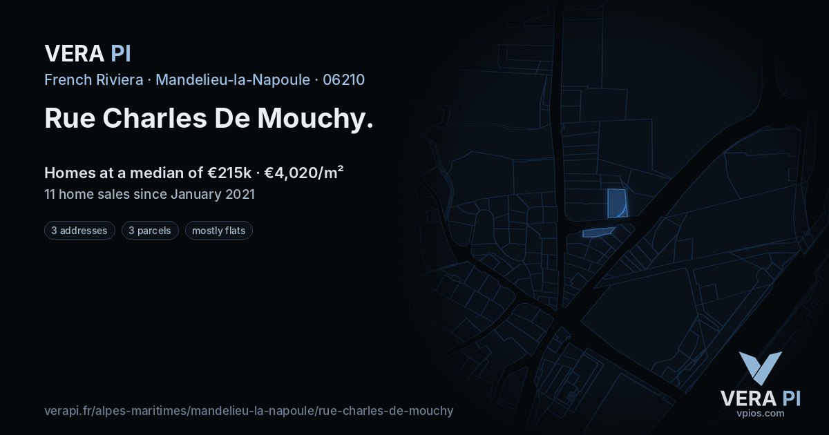 Rue Charles De Mouchy, Mandelieu-la-Napoule at night – every parcel coloured by the prices around it, the street's own parcels lit