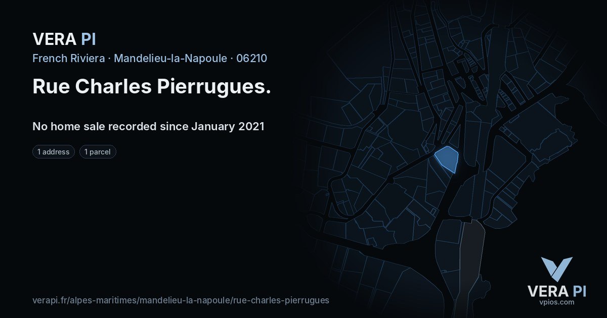 Rue Charles Pierrugues, Mandelieu-la-Napoule at night – every parcel coloured by the prices around it, the street's own parcels lit