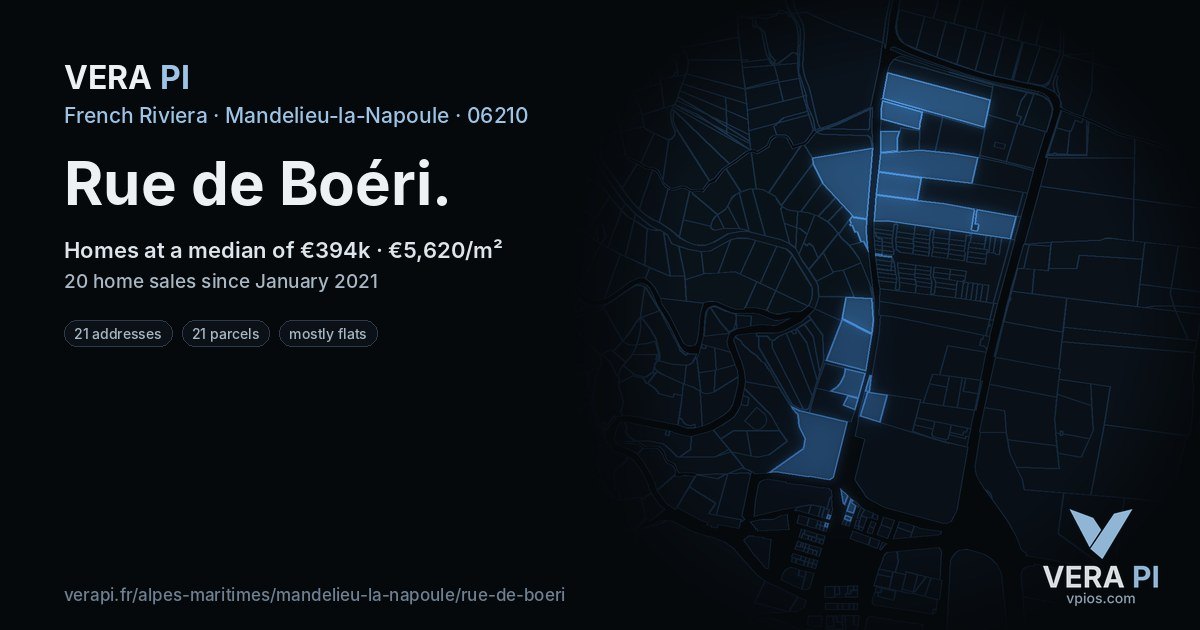 Rue de Boéri, Mandelieu-la-Napoule at night – every parcel coloured by the prices around it, the street's own parcels lit