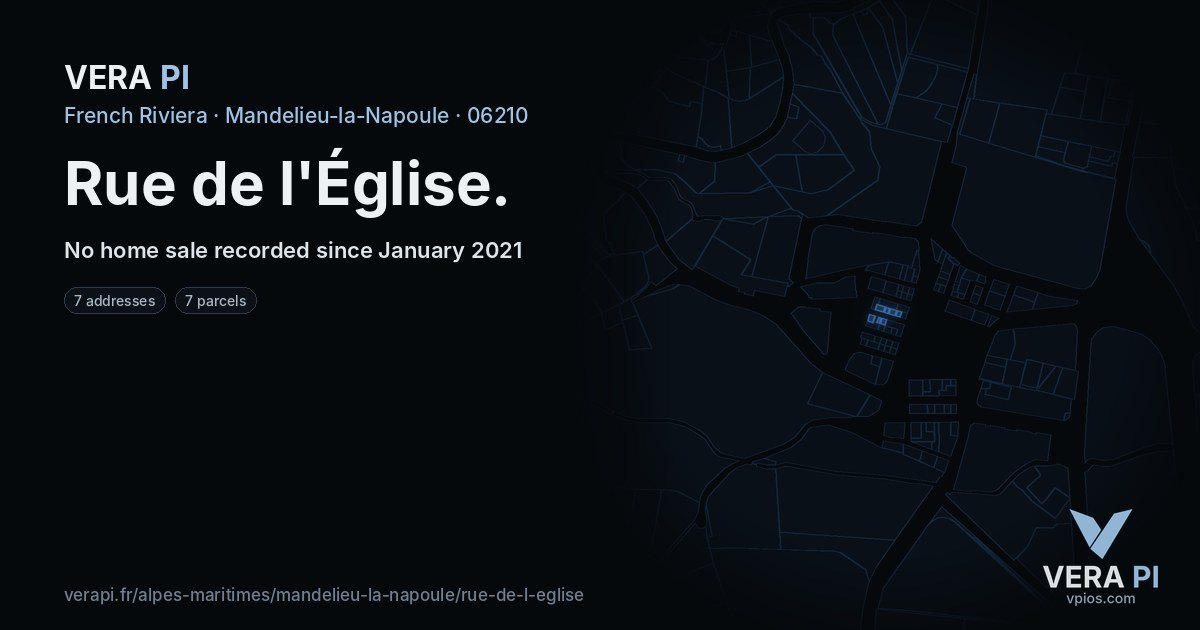 Rue de l'Église, Mandelieu-la-Napoule at night – every parcel coloured by the prices around it, the street's own parcels lit