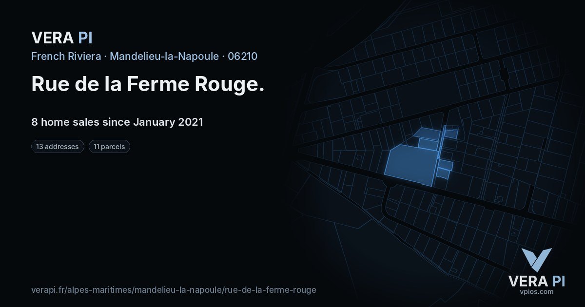 Rue de la Ferme Rouge, Mandelieu-la-Napoule at night – every parcel coloured by the prices around it, the street's own parcels lit