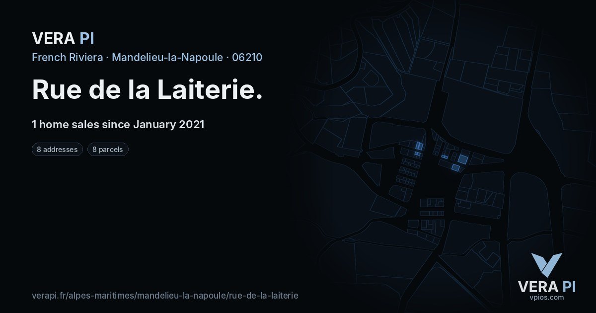 Rue de la Laiterie, Mandelieu-la-Napoule at night – every parcel coloured by the prices around it, the street's own parcels lit