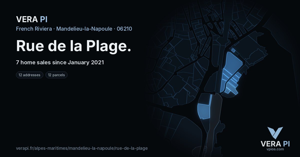 Rue de la Plage, Mandelieu-la-Napoule at night – every parcel coloured by the prices around it, the street's own parcels lit