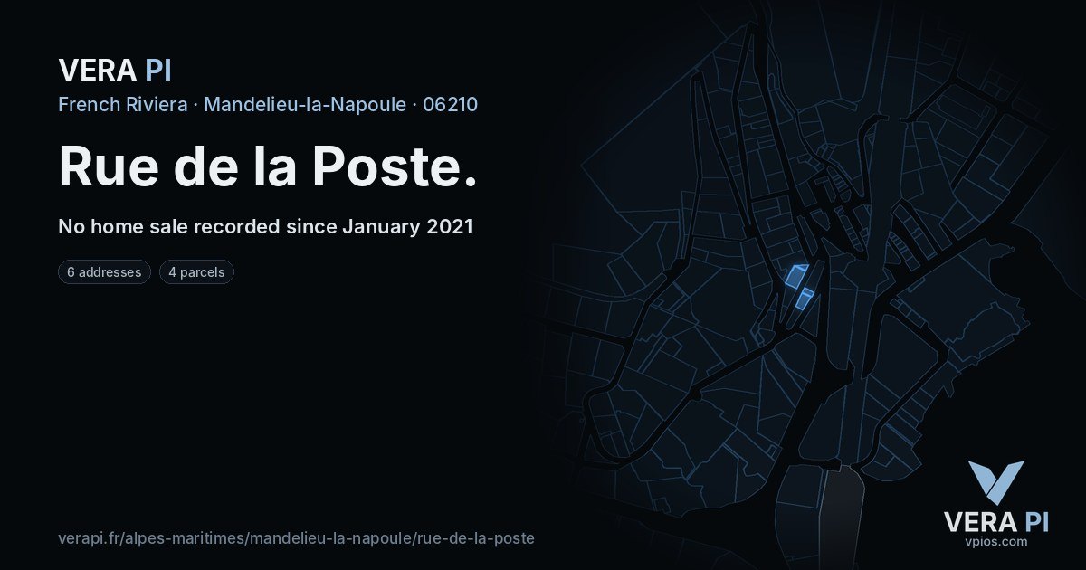 Rue de la Poste, Mandelieu-la-Napoule at night – every parcel coloured by the prices around it, the street's own parcels lit