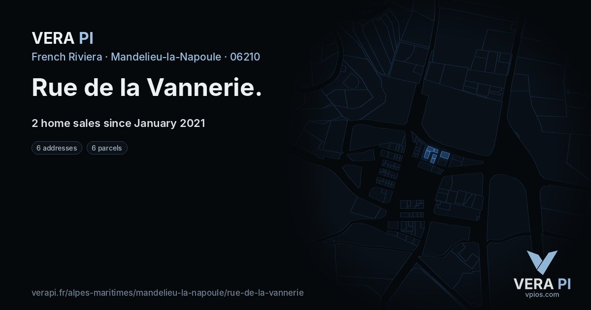 Rue de la Vannerie, Mandelieu-la-Napoule at night – every parcel coloured by the prices around it, the street's own parcels lit