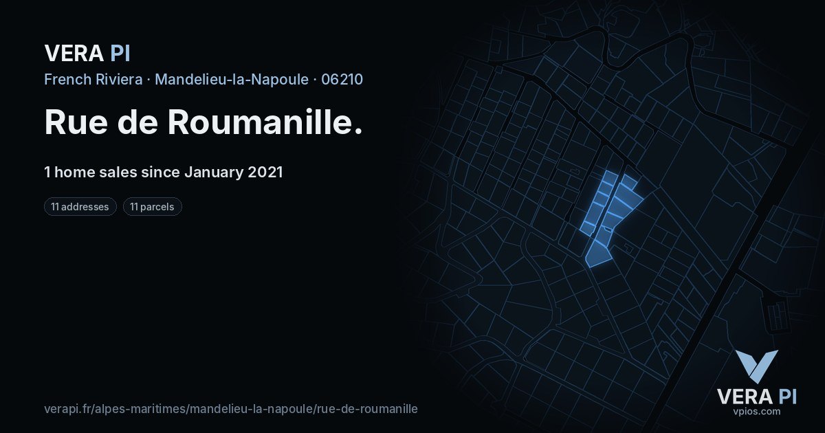 Rue de Roumanille, Mandelieu-la-Napoule at night – every parcel coloured by the prices around it, the street's own parcels lit