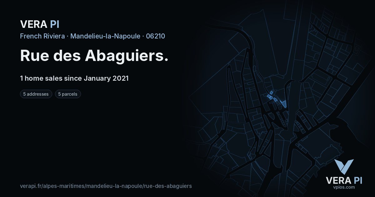 Rue des Abaguiers, Mandelieu-la-Napoule at night – every parcel coloured by the prices around it, the street's own parcels lit