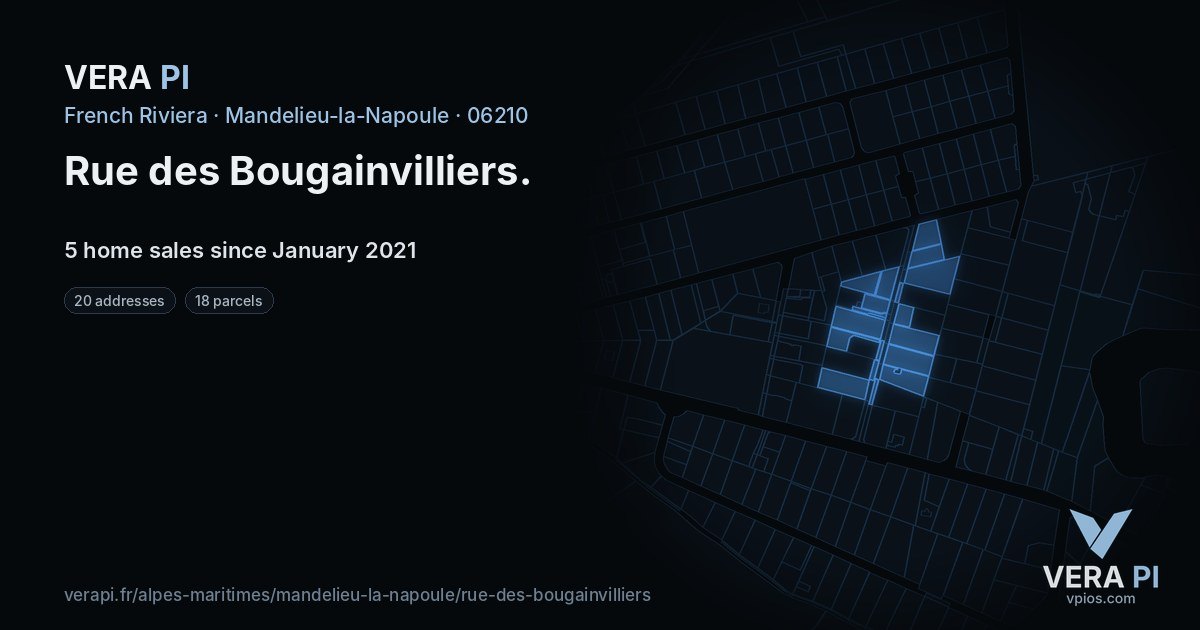 Rue des Bougainvilliers, Mandelieu-la-Napoule at night – every parcel coloured by the prices around it, the street's own parcels lit