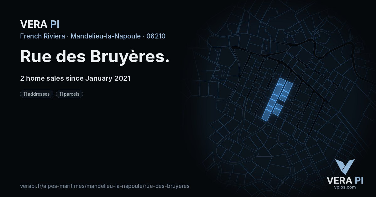 Rue des Bruyères, Mandelieu-la-Napoule at night – every parcel coloured by the prices around it, the street's own parcels lit