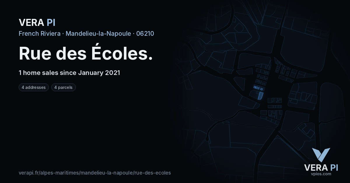 Rue des Écoles, Mandelieu-la-Napoule at night – every parcel coloured by the prices around it, the street's own parcels lit