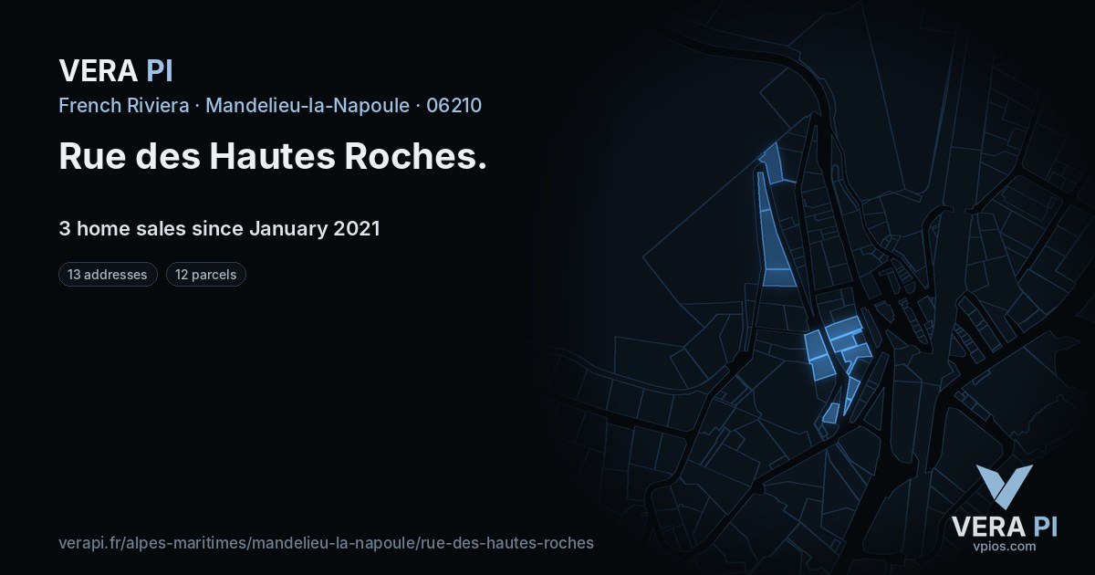Rue des Hautes Roches, Mandelieu-la-Napoule at night – every parcel coloured by the prices around it, the street's own parcels lit