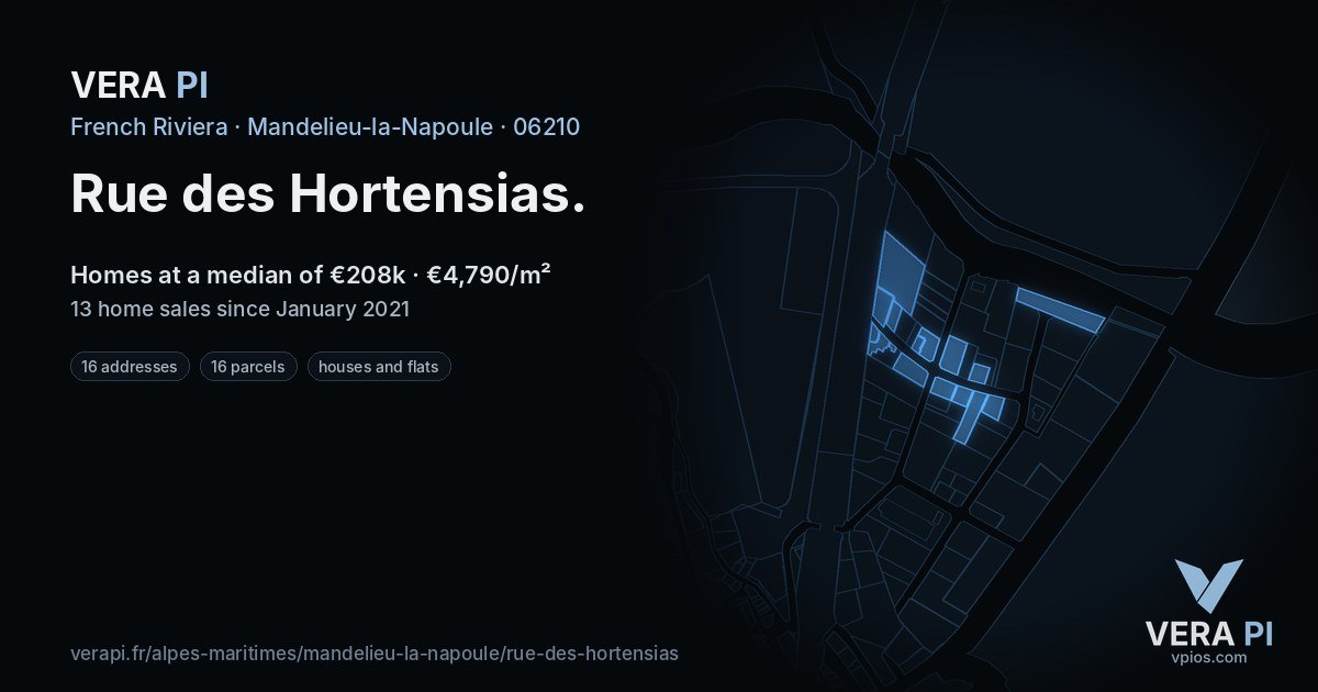 Rue des Hortensias, Mandelieu-la-Napoule at night – every parcel coloured by the prices around it, the street's own parcels lit