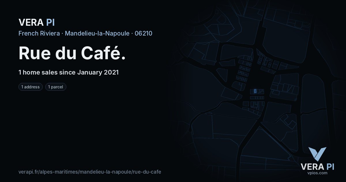 Rue du Café, Mandelieu-la-Napoule at night – every parcel coloured by the prices around it, the street's own parcels lit