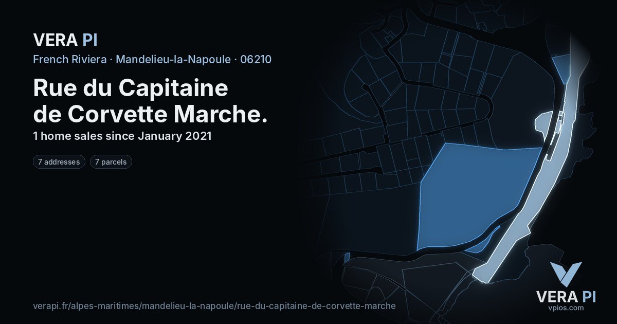 Rue du Capitaine de Corvette Marche, Mandelieu-la-Napoule at night – every parcel coloured by the prices around it, the street's own parcels lit