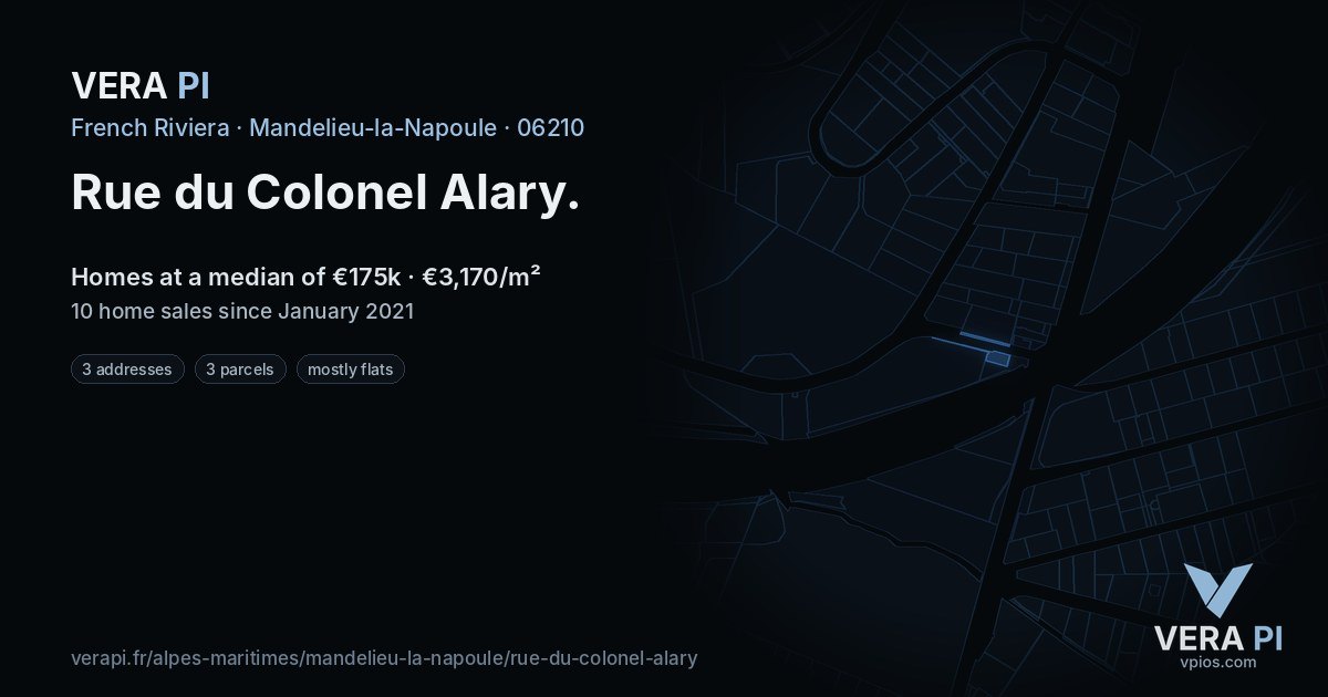 Rue du Colonel Alary, Mandelieu-la-Napoule at night – every parcel coloured by the prices around it, the street's own parcels lit