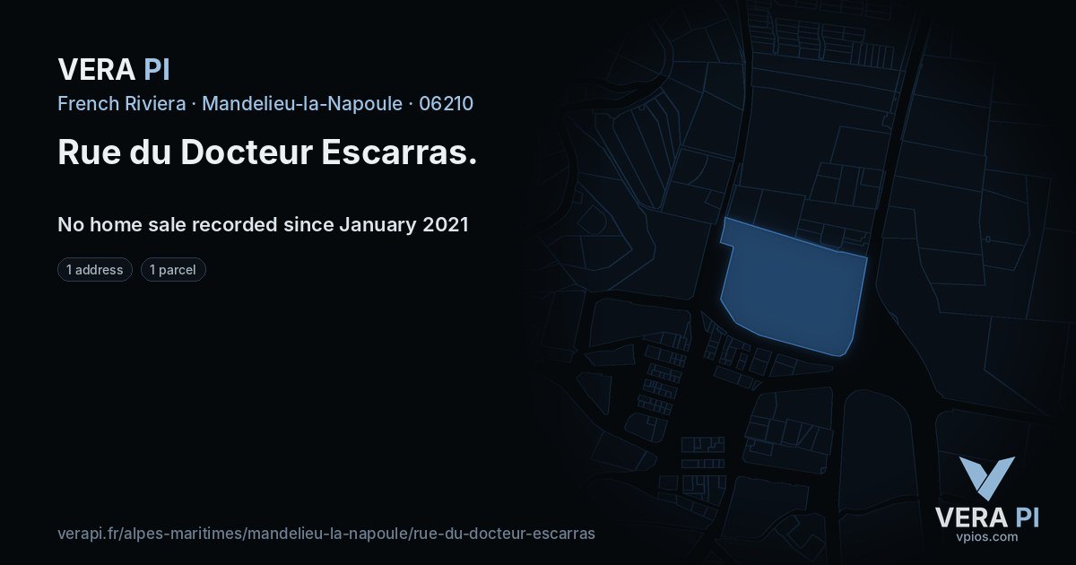 Rue du Docteur Escarras, Mandelieu-la-Napoule at night – every parcel coloured by the prices around it, the street's own parcels lit