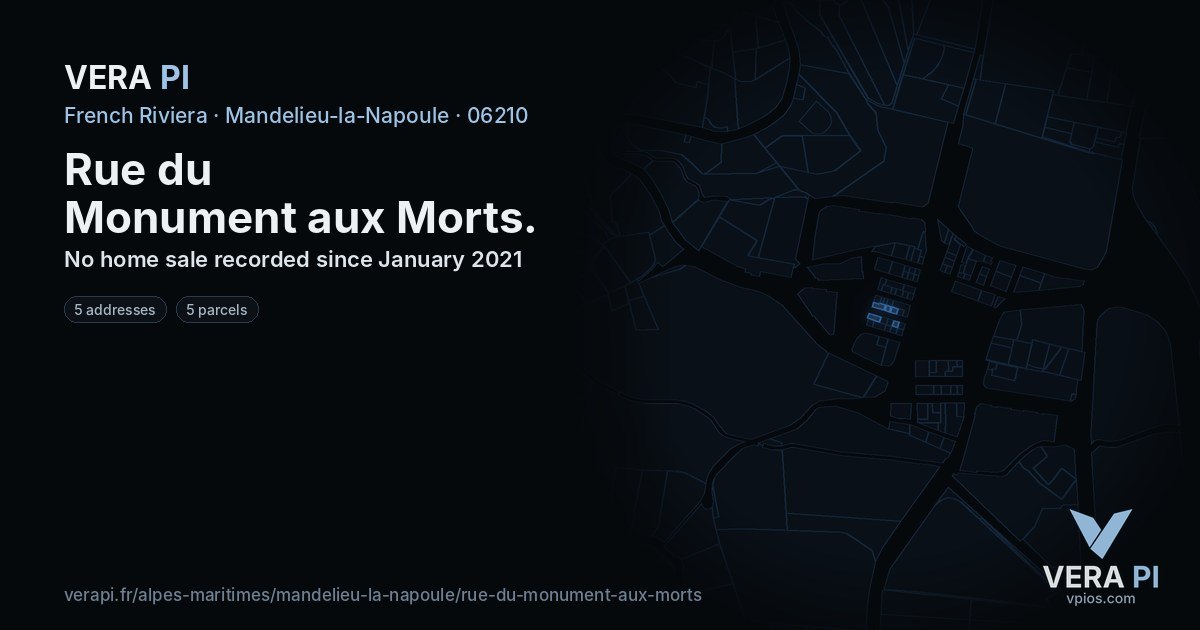 Rue du Monument aux Morts, Mandelieu-la-Napoule at night – every parcel coloured by the prices around it, the street's own parcels lit