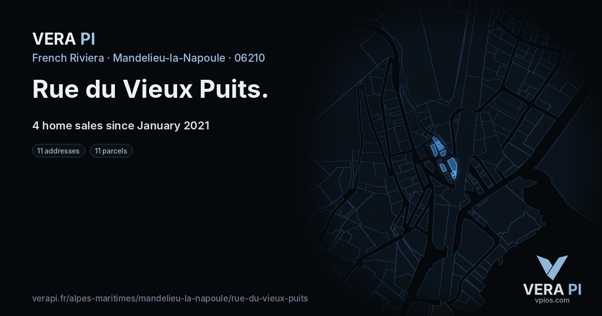 Rue du Vieux Puits, Mandelieu-la-Napoule at night – every parcel coloured by the prices around it, the street's own parcels lit