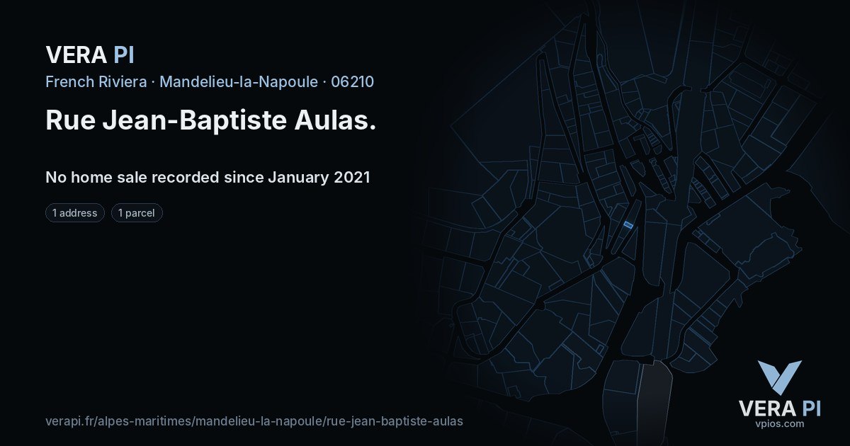 Rue Jean-Baptiste Aulas, Mandelieu-la-Napoule at night – every parcel coloured by the prices around it, the street's own parcels lit
