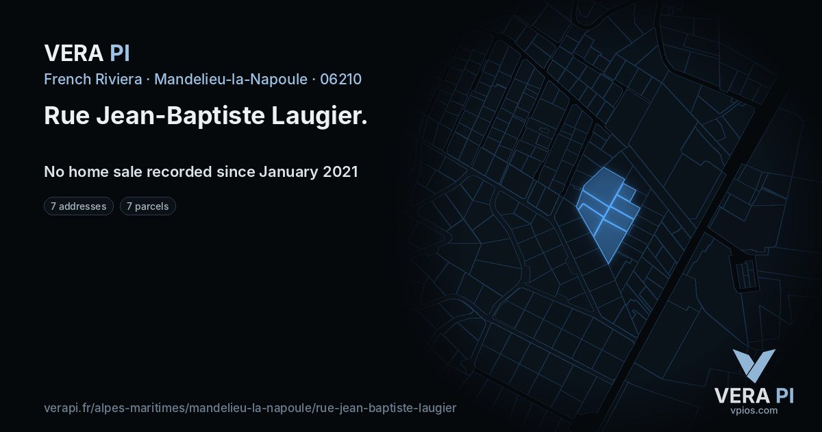 Rue Jean-Baptiste Laugier, Mandelieu-la-Napoule at night – every parcel coloured by the prices around it, the street's own parcels lit