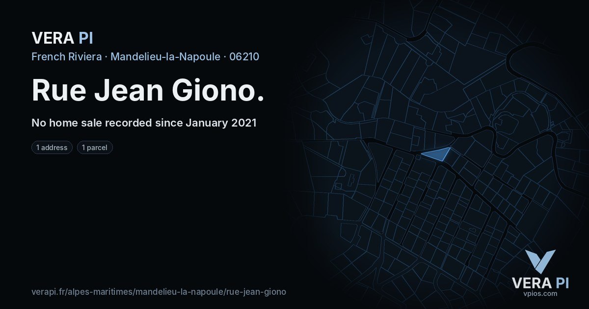 Rue Jean Giono, Mandelieu-la-Napoule at night – every parcel coloured by the prices around it, the street's own parcels lit