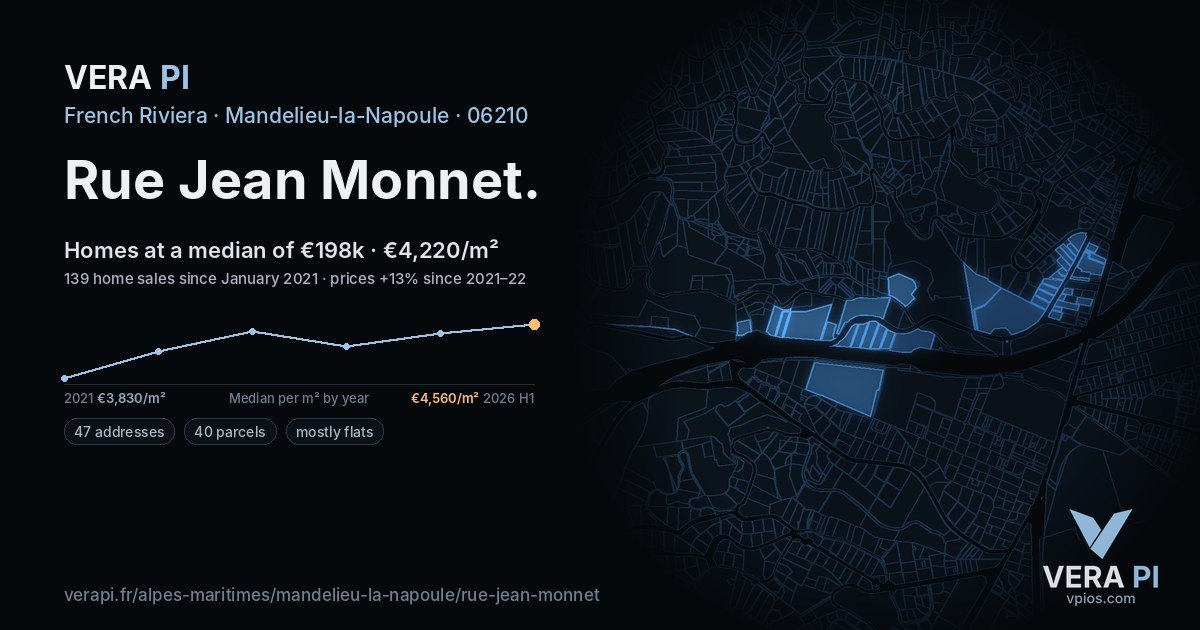 Rue Jean Monnet, Mandelieu-la-Napoule at night – every parcel coloured by the prices around it, the street's own parcels lit