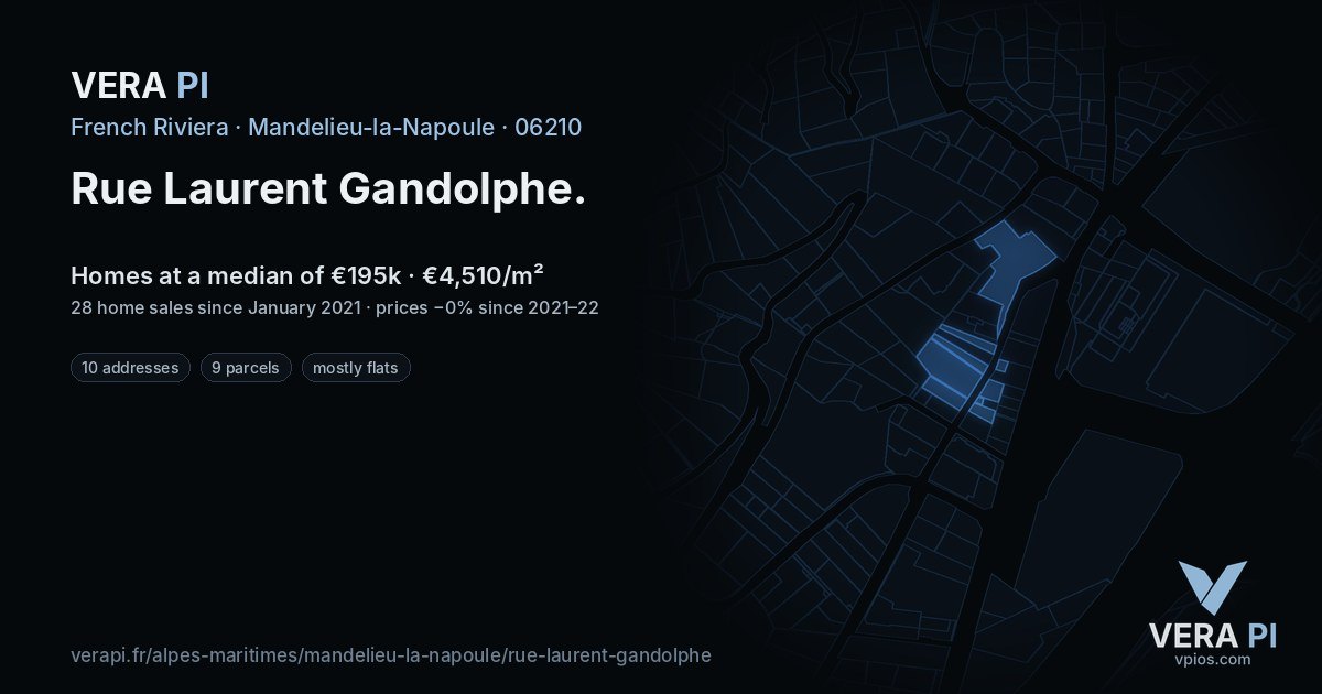 Rue Laurent Gandolphe, Mandelieu-la-Napoule at night – every parcel coloured by the prices around it, the street's own parcels lit