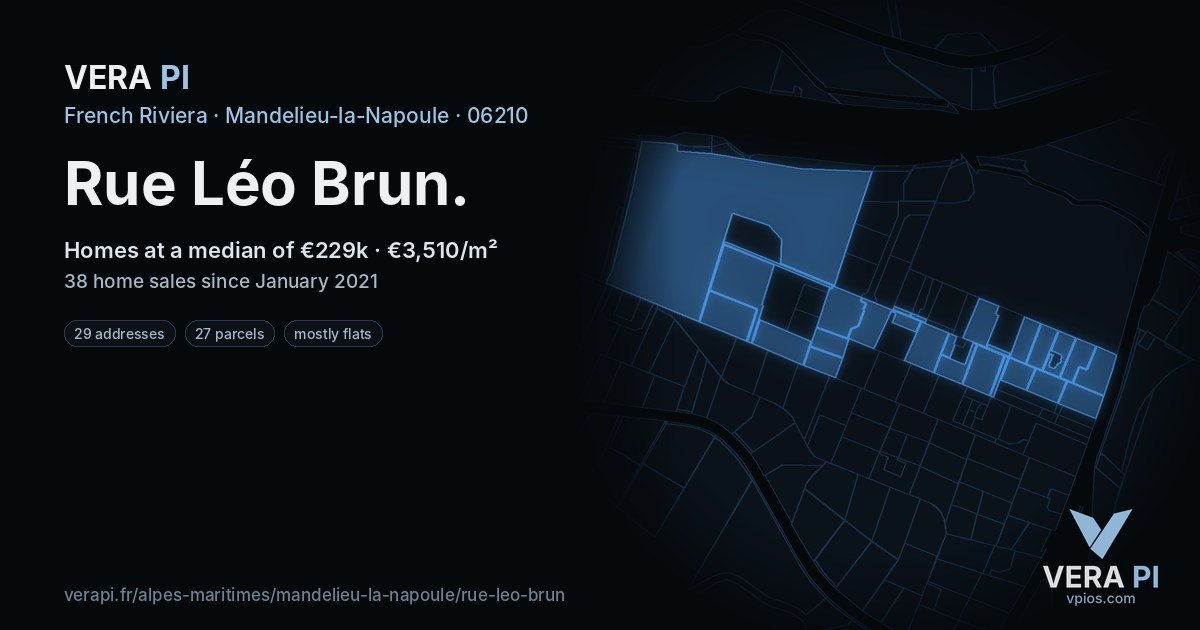 Rue Léo Brun, Mandelieu-la-Napoule at night – every parcel coloured by the prices around it, the street's own parcels lit