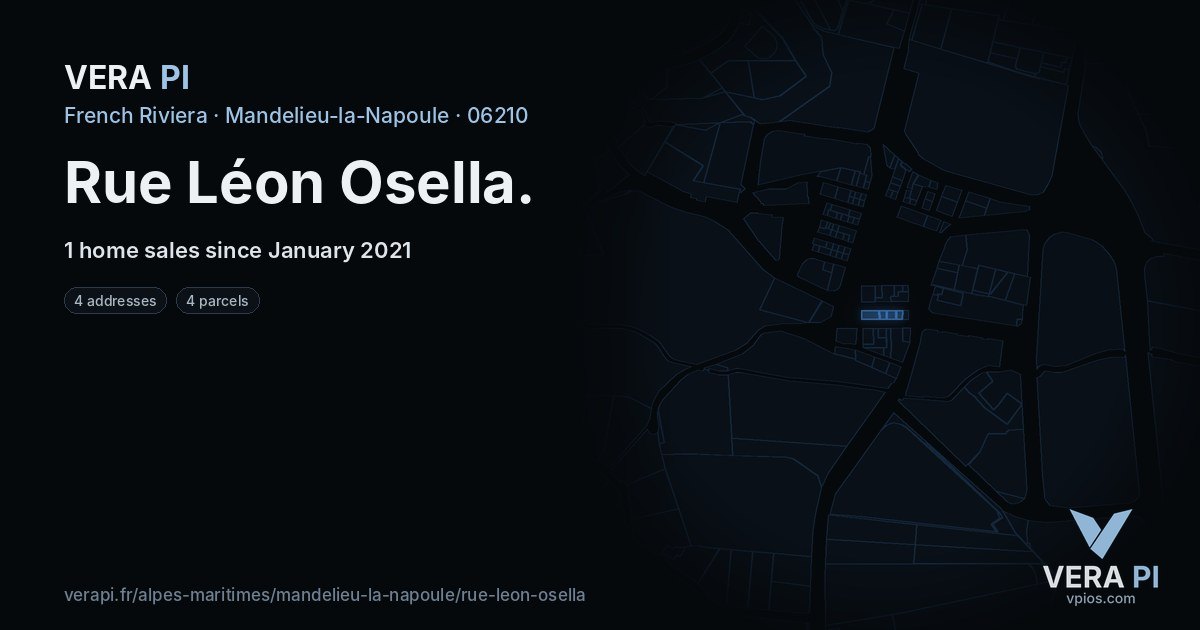 Rue Léon Osella, Mandelieu-la-Napoule at night – every parcel coloured by the prices around it, the street's own parcels lit