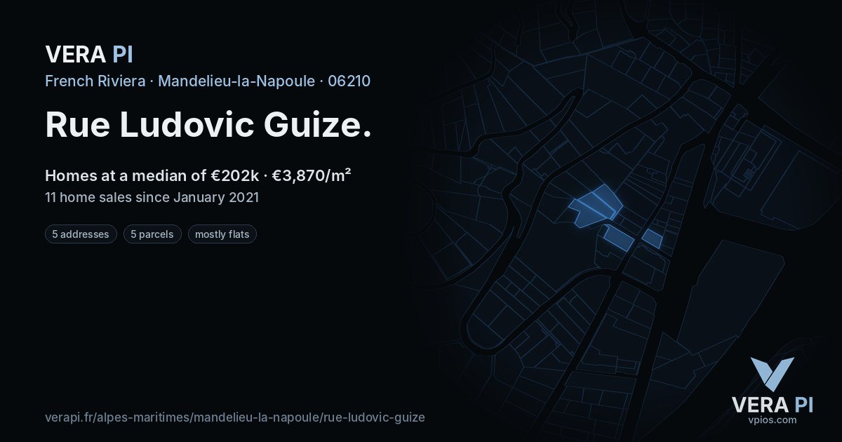 Rue Ludovic Guize, Mandelieu-la-Napoule at night – every parcel coloured by the prices around it, the street's own parcels lit