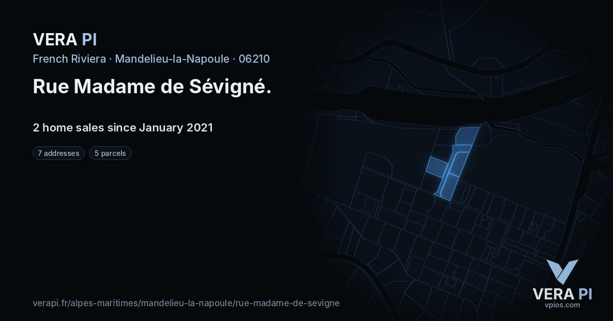 Rue Madame de Sévigné, Mandelieu-la-Napoule at night – every parcel coloured by the prices around it, the street's own parcels lit