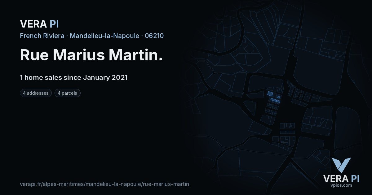 Rue Marius Martin, Mandelieu-la-Napoule at night – every parcel coloured by the prices around it, the street's own parcels lit