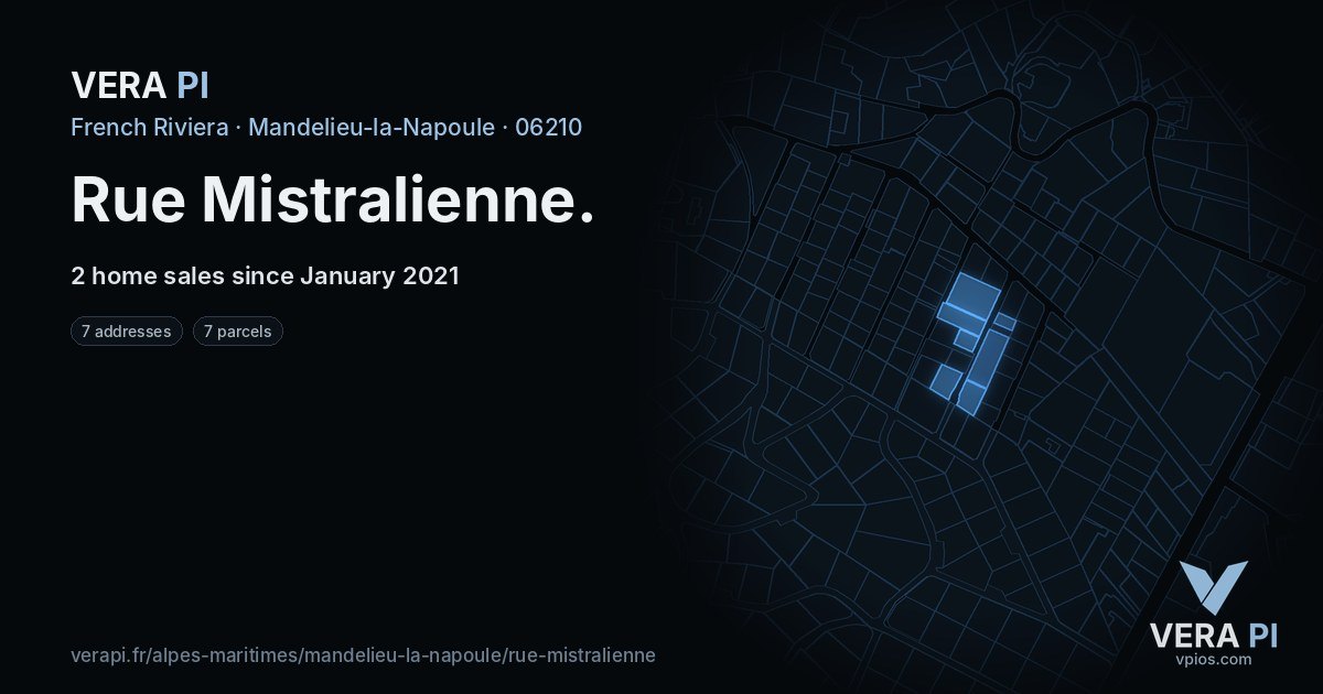 Rue Mistralienne, Mandelieu-la-Napoule at night – every parcel coloured by the prices around it, the street's own parcels lit