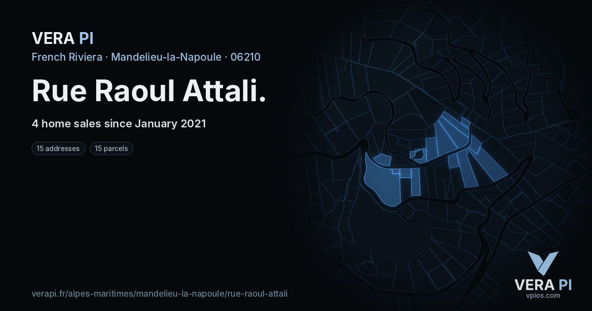 Rue Raoul Attali, Mandelieu-la-Napoule at night – every parcel coloured by the prices around it, the street's own parcels lit