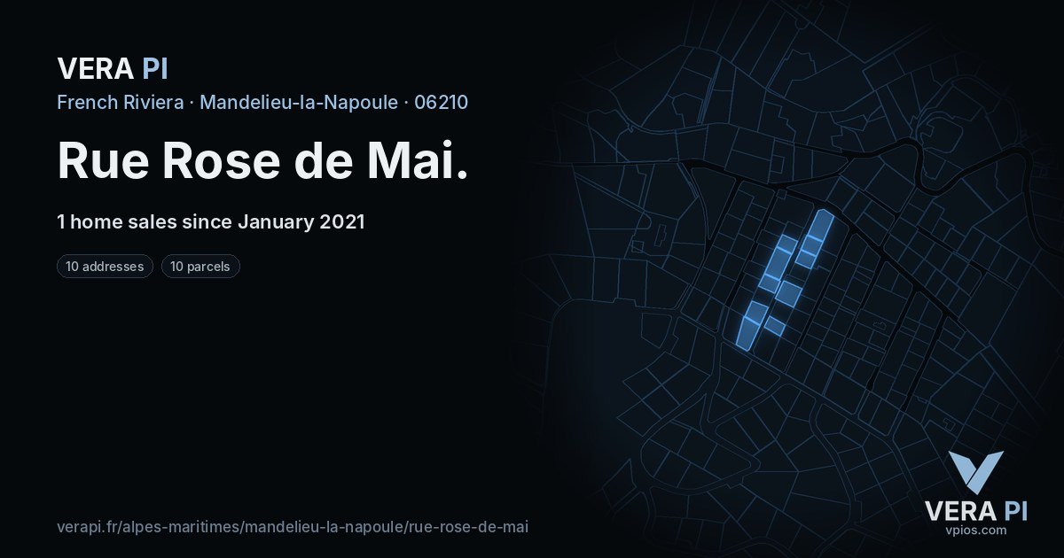 Rue Rose de Mai, Mandelieu-la-Napoule at night – every parcel coloured by the prices around it, the street's own parcels lit