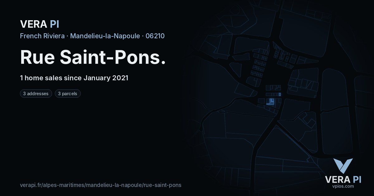 Rue Saint-Pons, Mandelieu-la-Napoule at night – every parcel coloured by the prices around it, the street's own parcels lit