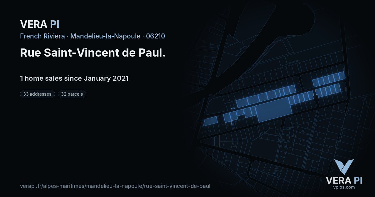 Rue Saint-Vincent de Paul, Mandelieu-la-Napoule at night – every parcel coloured by the prices around it, the street's own parcels lit
