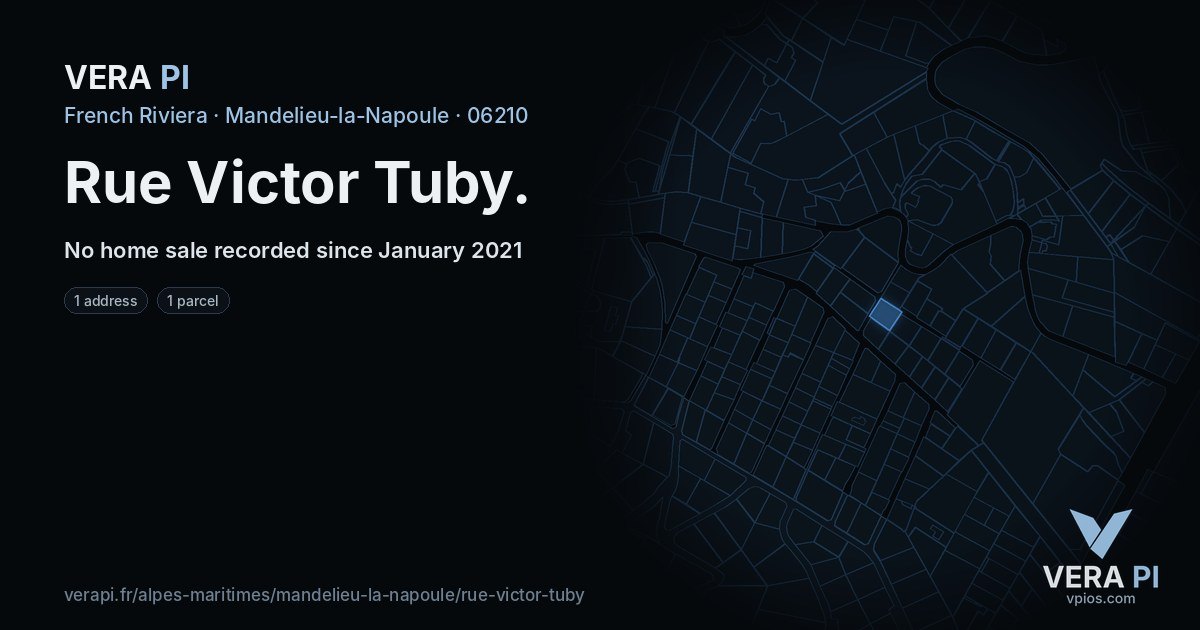 Rue Victor Tuby, Mandelieu-la-Napoule at night – every parcel coloured by the prices around it, the street's own parcels lit