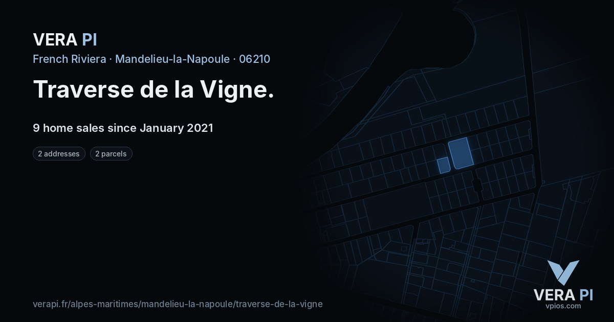 Traverse de la Vigne, Mandelieu-la-Napoule at night – every parcel coloured by the prices around it, the street's own parcels lit