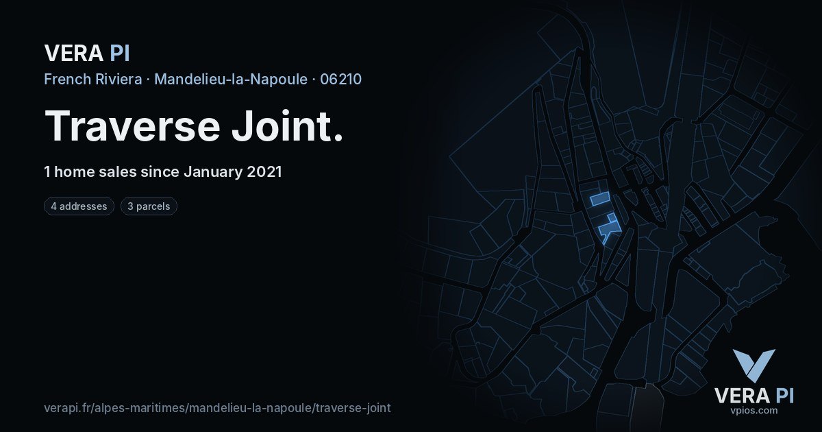 Traverse Joint, Mandelieu-la-Napoule at night – every parcel coloured by the prices around it, the street's own parcels lit