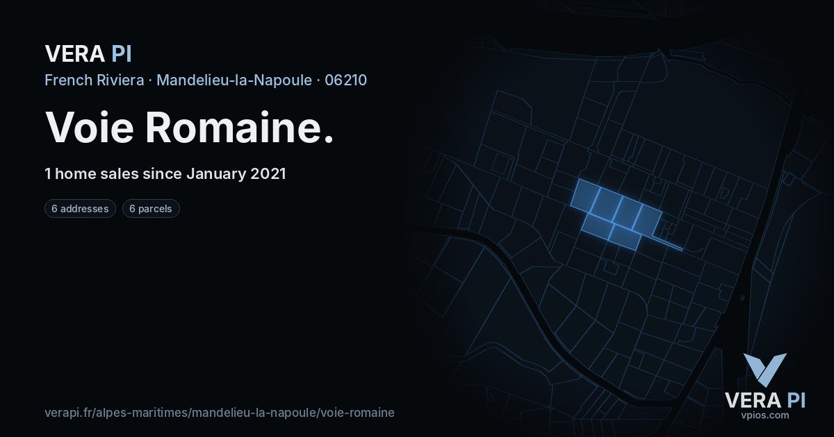 Voie Romaine, Mandelieu-la-Napoule at night – every parcel coloured by the prices around it, the street's own parcels lit