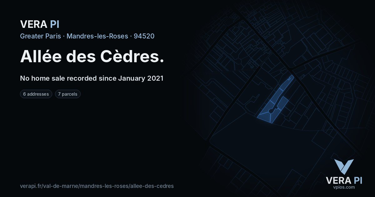 Allée des Cèdres, Mandres-les-Roses at night – every parcel coloured by the prices around it, the street's own parcels lit