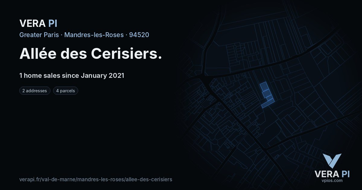 Allée des Cerisiers, Mandres-les-Roses at night – every parcel coloured by the prices around it, the street's own parcels lit