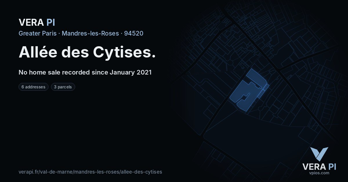 Allée des Cytises, Mandres-les-Roses at night – every parcel coloured by the prices around it, the street's own parcels lit