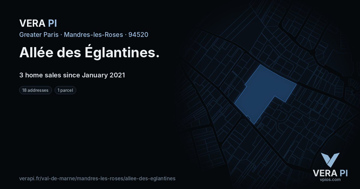 Allée des Églantines, Mandres-les-Roses at night – every parcel coloured by the prices around it, the street's own parcels lit