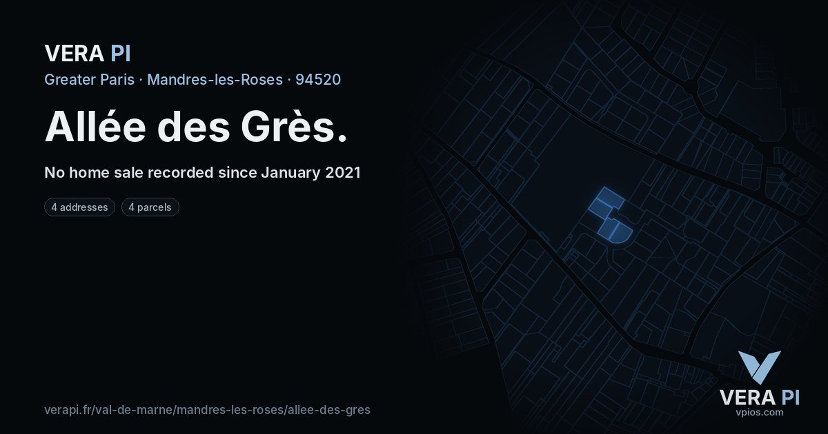 Allée des Grès, Mandres-les-Roses at night – every parcel coloured by the prices around it, the street's own parcels lit