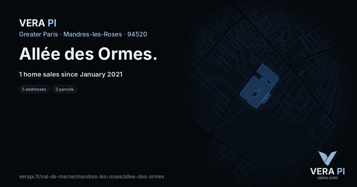 Allée des Ormes, Mandres-les-Roses at night – every parcel coloured by the prices around it, the street's own parcels lit