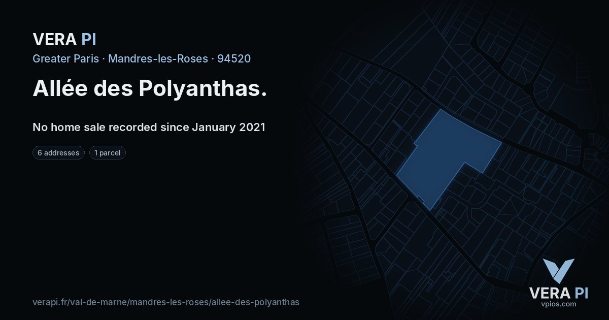 Allée des Polyanthas, Mandres-les-Roses at night – every parcel coloured by the prices around it, the street's own parcels lit