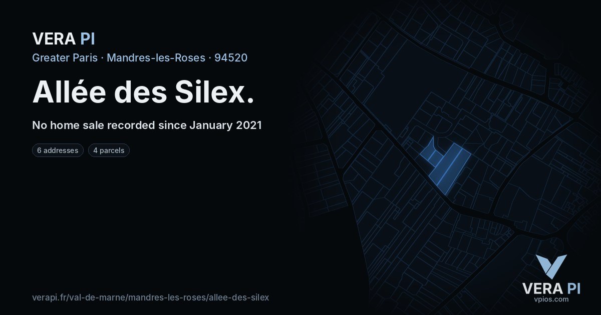 Allée des Silex, Mandres-les-Roses at night – every parcel coloured by the prices around it, the street's own parcels lit