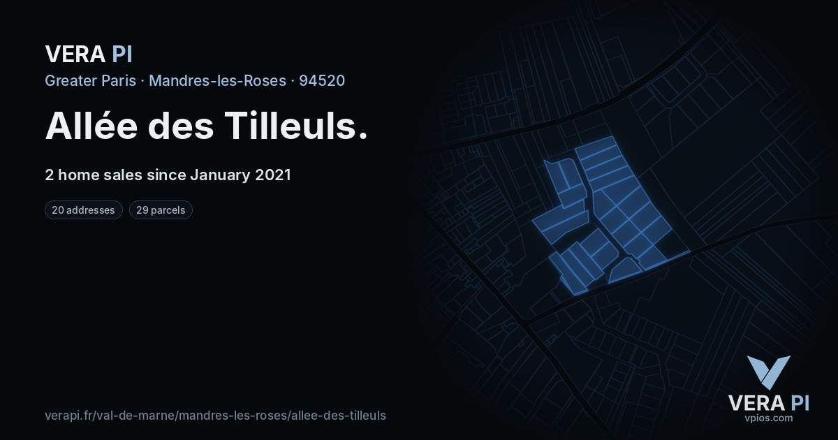 Allée des Tilleuls, Mandres-les-Roses at night – every parcel coloured by the prices around it, the street's own parcels lit
